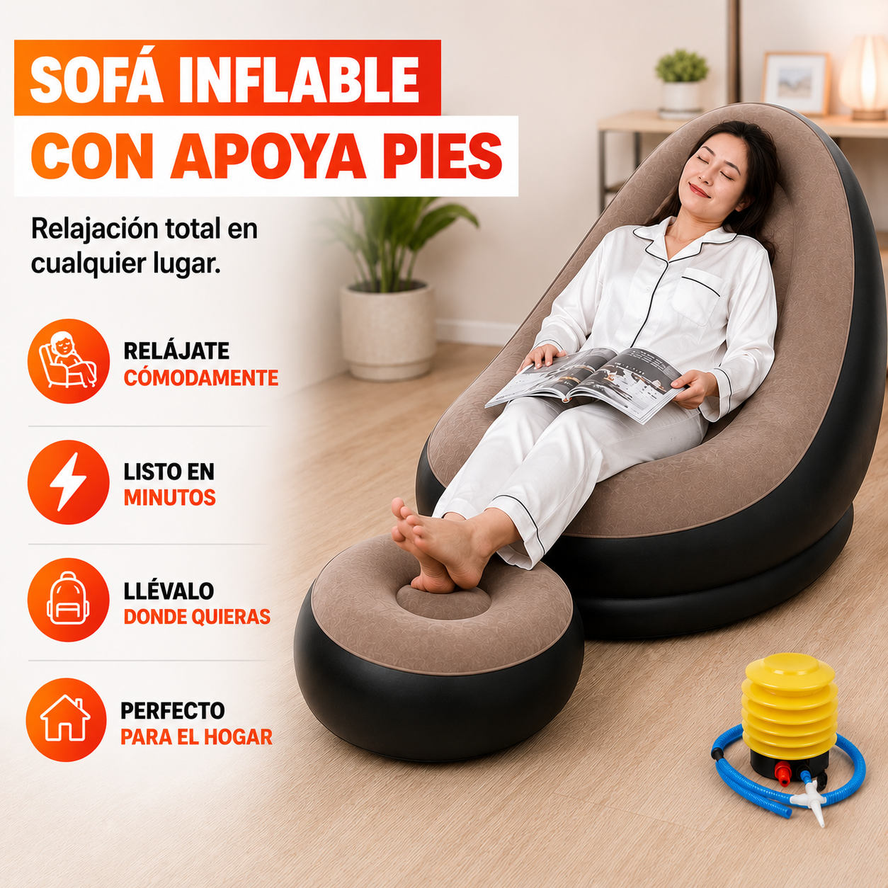 Sillón Inflable con Apoya Pies + Inflador Incluido
