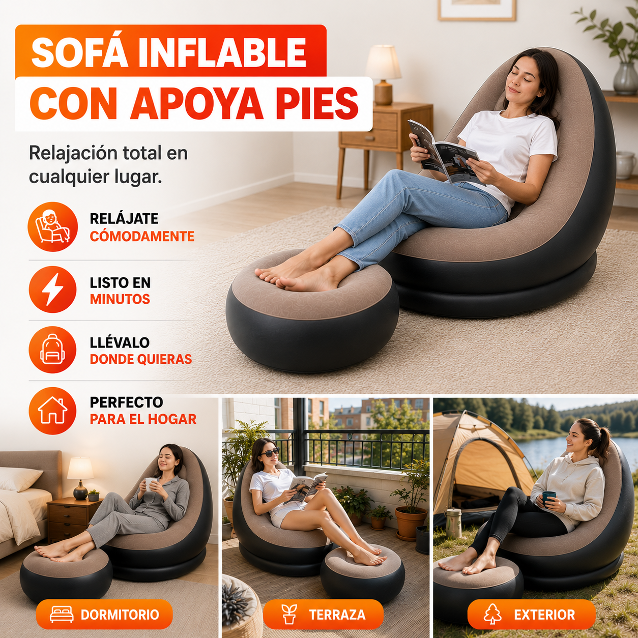 Sillón Inflable con Apoya Pies + Inflador Incluido