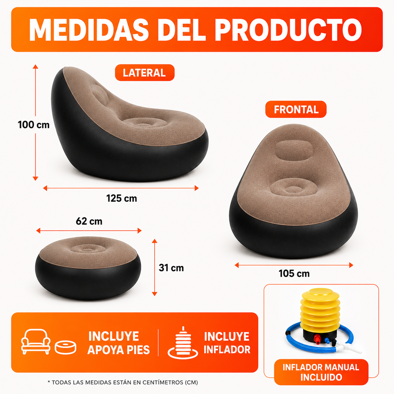 Sillón Inflable con Apoya Pies + Inflador Incluido